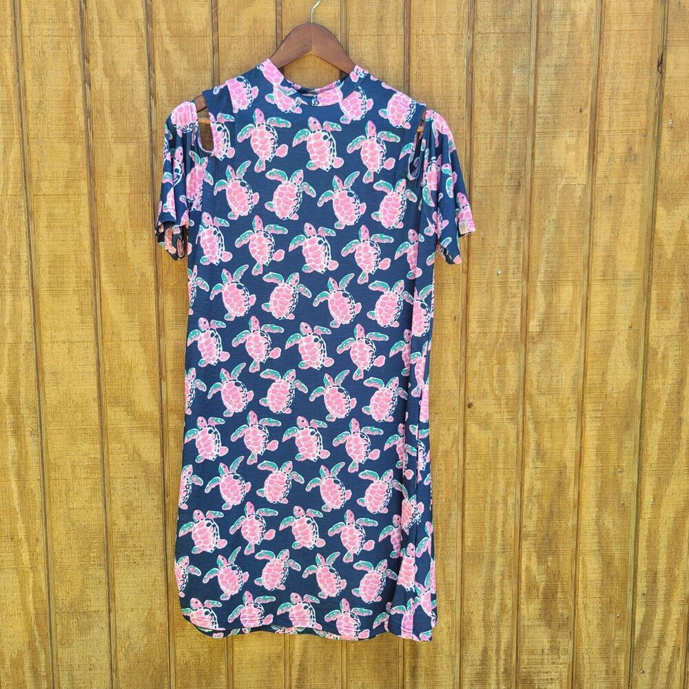 Simply Southern Sea Turtle Cold Shoulder Slinky Dress Blue/Pink Womens Size L